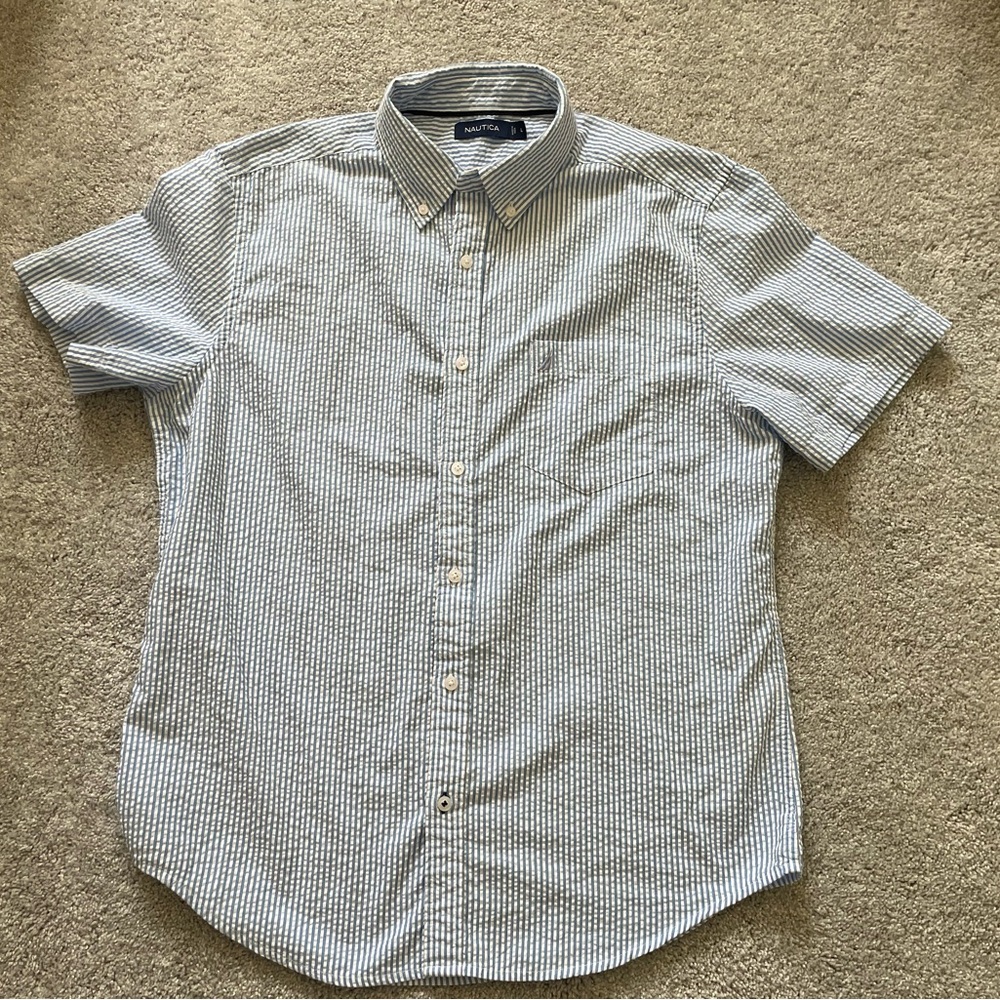 Nautica Baby Blue Seersucker Pinstripe Short Sleeve Shirt ~ L ~